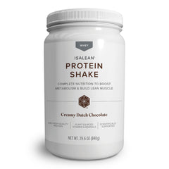 Isagenix IsaLean protein shake bottle shows creamy Dutch chocolate flavor and portion size.