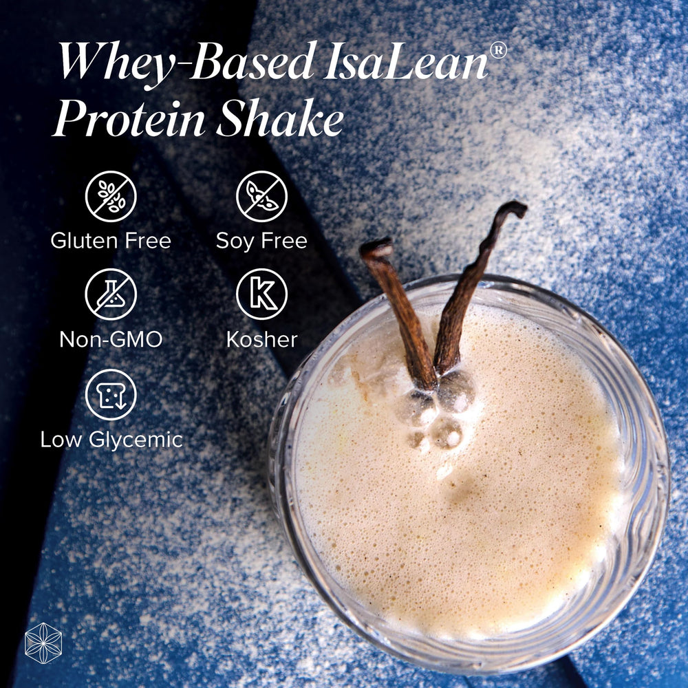 Isagenix IsaLean Protein Shake glass with French Vanilla illustrates a delicious on‑the‑go breakfast option