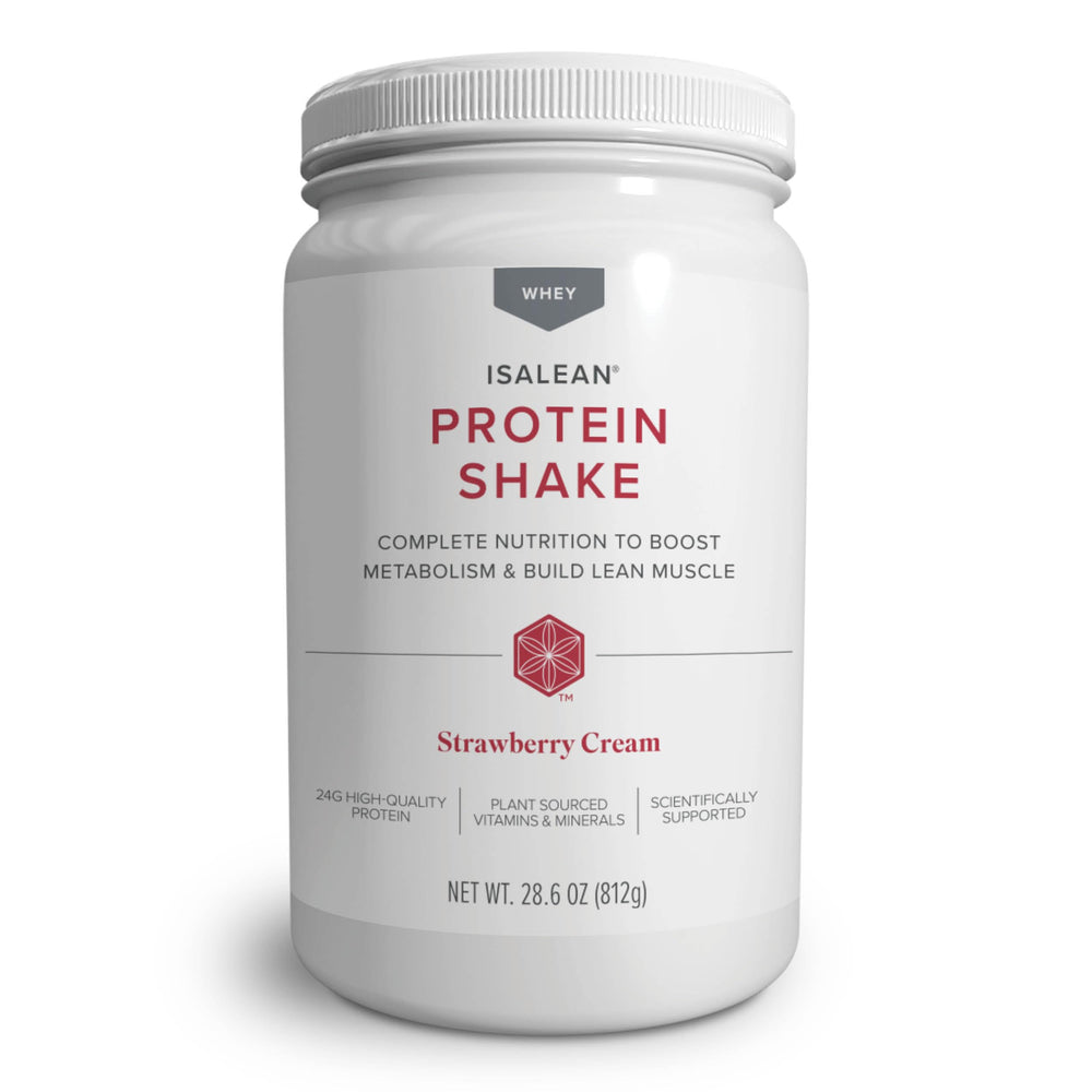 Isagenix IsaLean Strawberry Cream bottle showing balanced nutrition for meals