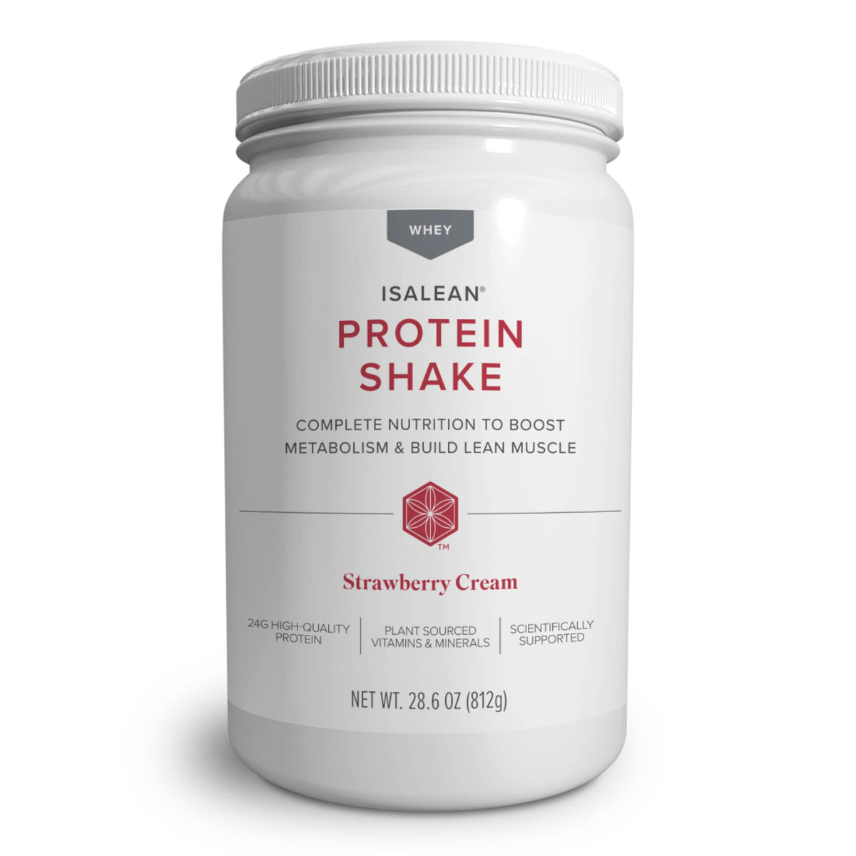 Isagenix IsaLean Strawberry Cream bottle showing balanced nutrition for meals