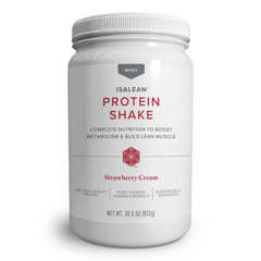 Isagenix IsaLean Strawberry Cream bottle showing balanced nutrition for meals