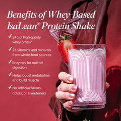 Pouring IsaLean Strawberry Cream shake for a quick, protein-rich meal