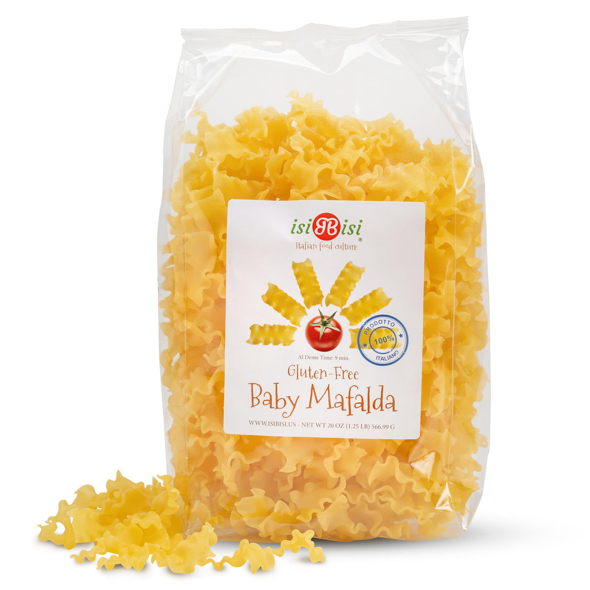 isiBisi Baby Mafalda pasta packaging highlighting gluten-free base for quick meals