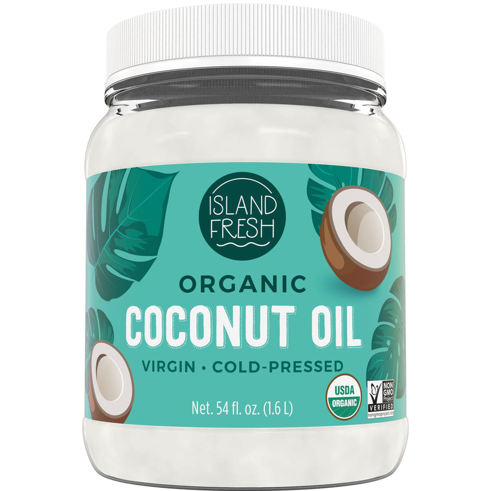 Island Fresh coconut oil jar shows pure organic extract for cooking and skincare.