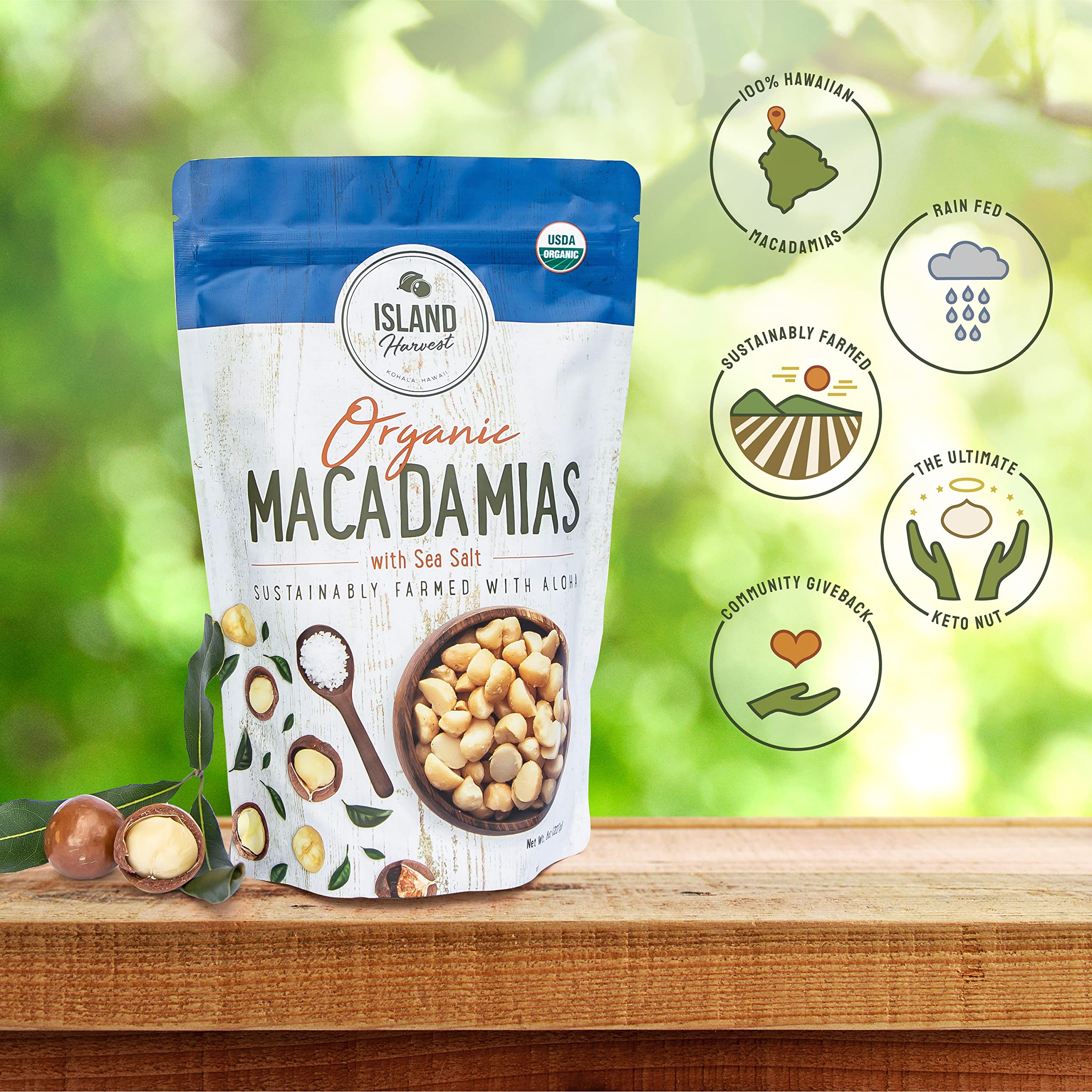 Island Harvest dry roasted macadamias whole nuts ready for on-the-go snacking