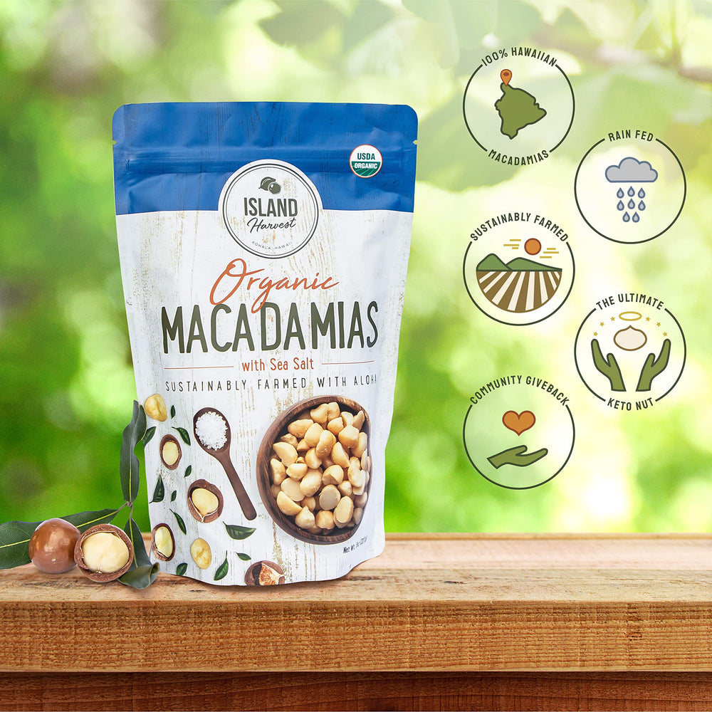 Island Harvest dry roasted macadamias whole nuts ready for on-the-go snacking