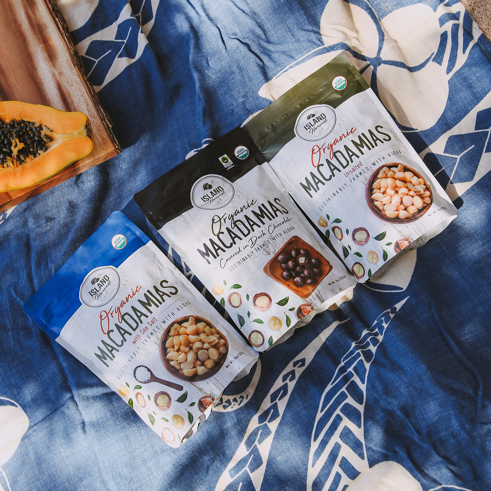 Island Harvest macadamia nuts sea salt close-up showing premium texture and flavor.