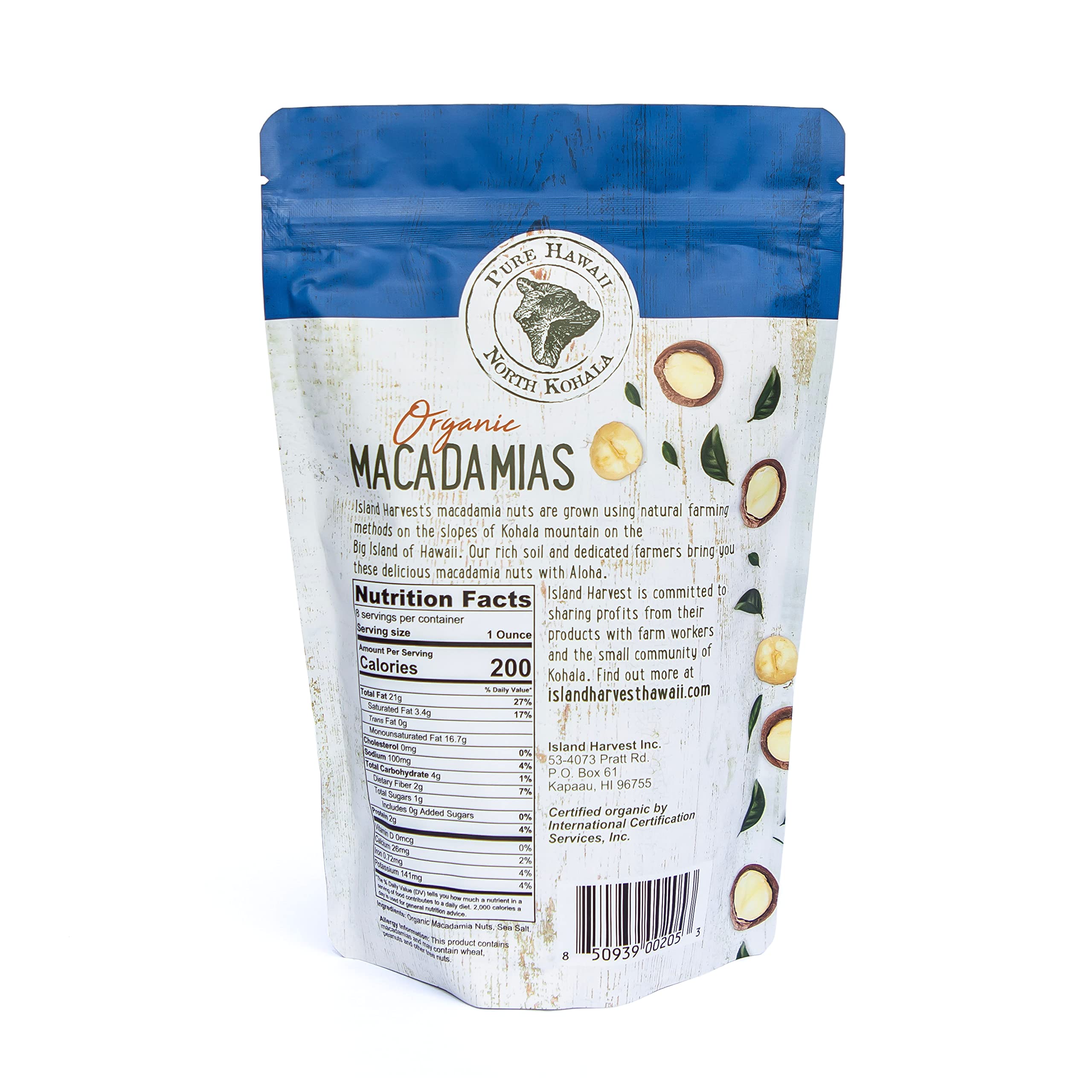 Island Harvest organic label on nuts bag communicates certification.
