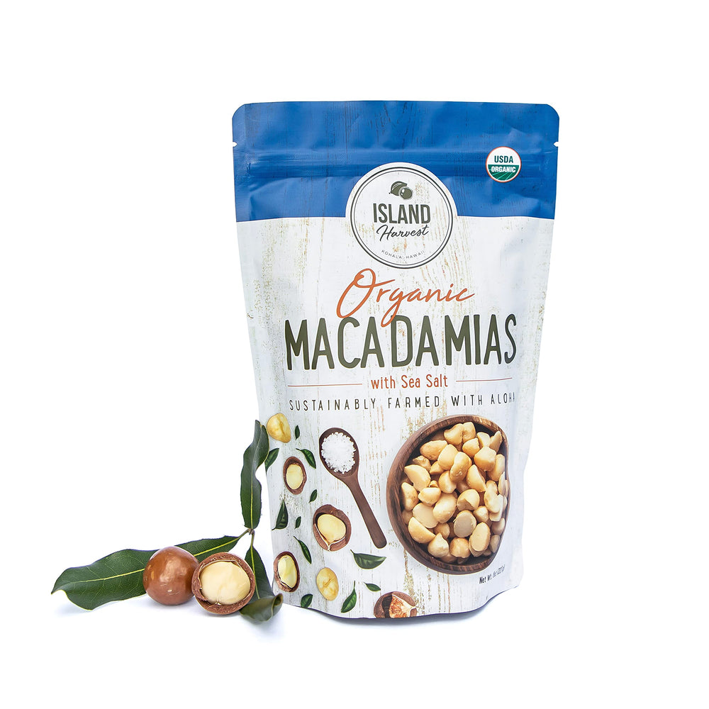 Island Harvest Organic Macadamia Nuts with Sea Salt packaging, ideal for keto snacking.