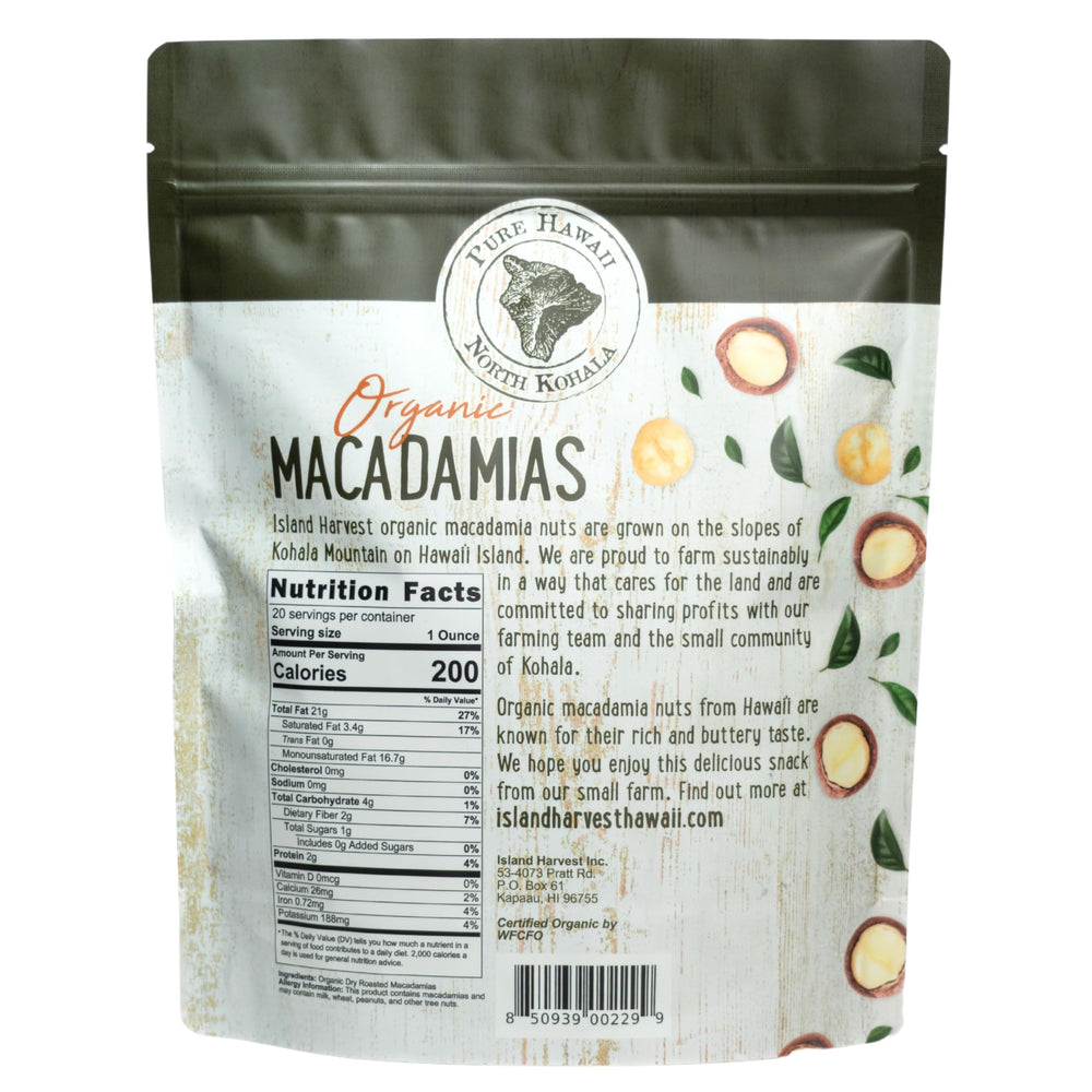 Island Harvest unsalted macadamia nuts in half pieces, perfect for recipes and trail mixes.