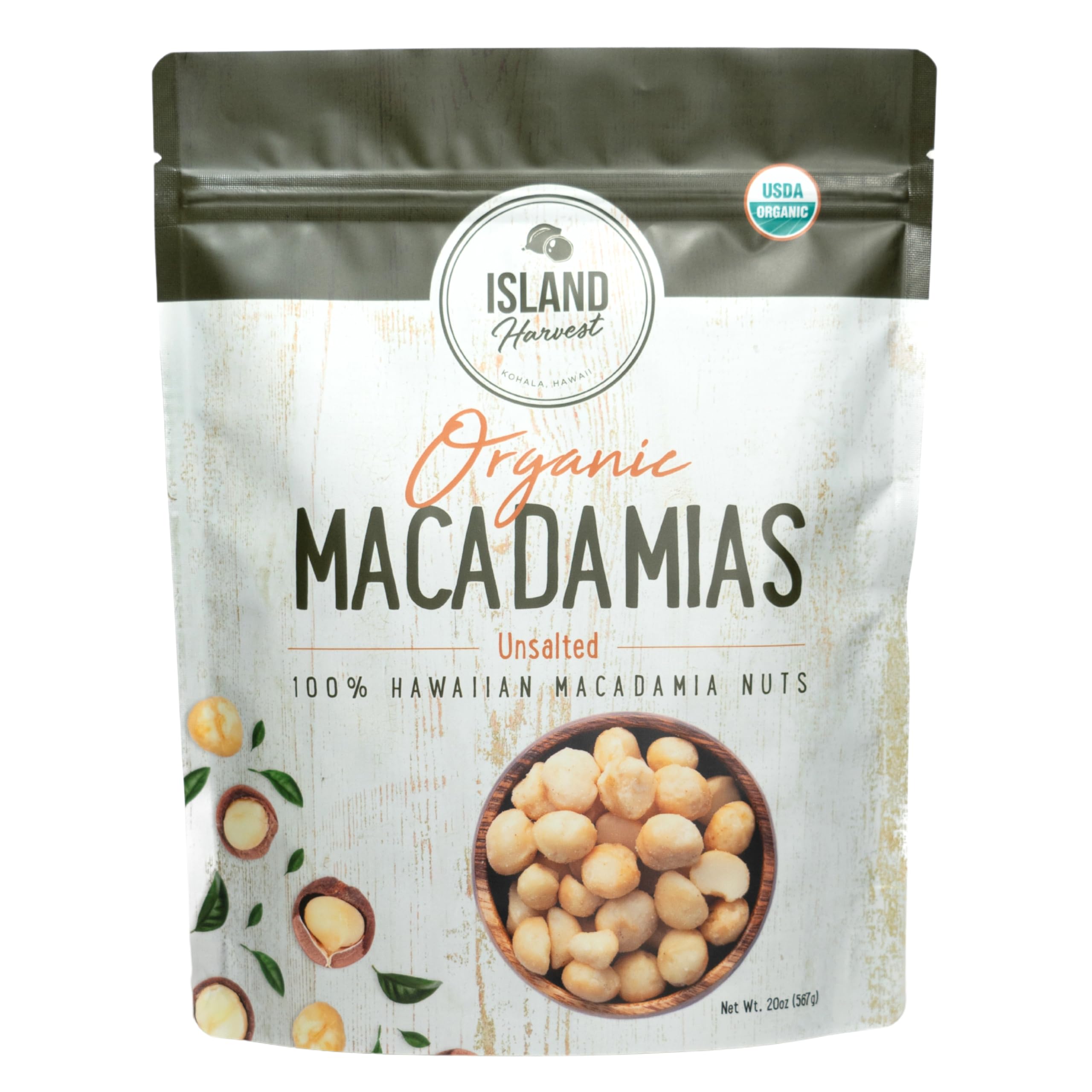 Island Harvest unsalted macadamia nuts in whole form, ideal for keto snacks.