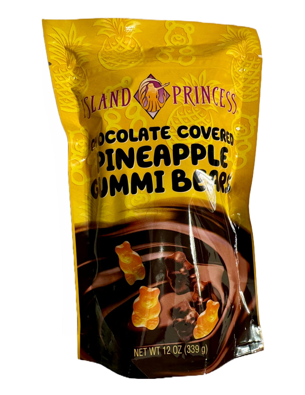 Island Princess chocolate-covered pineapple gummi bears in a 12oz bag, tropical snacking delight.