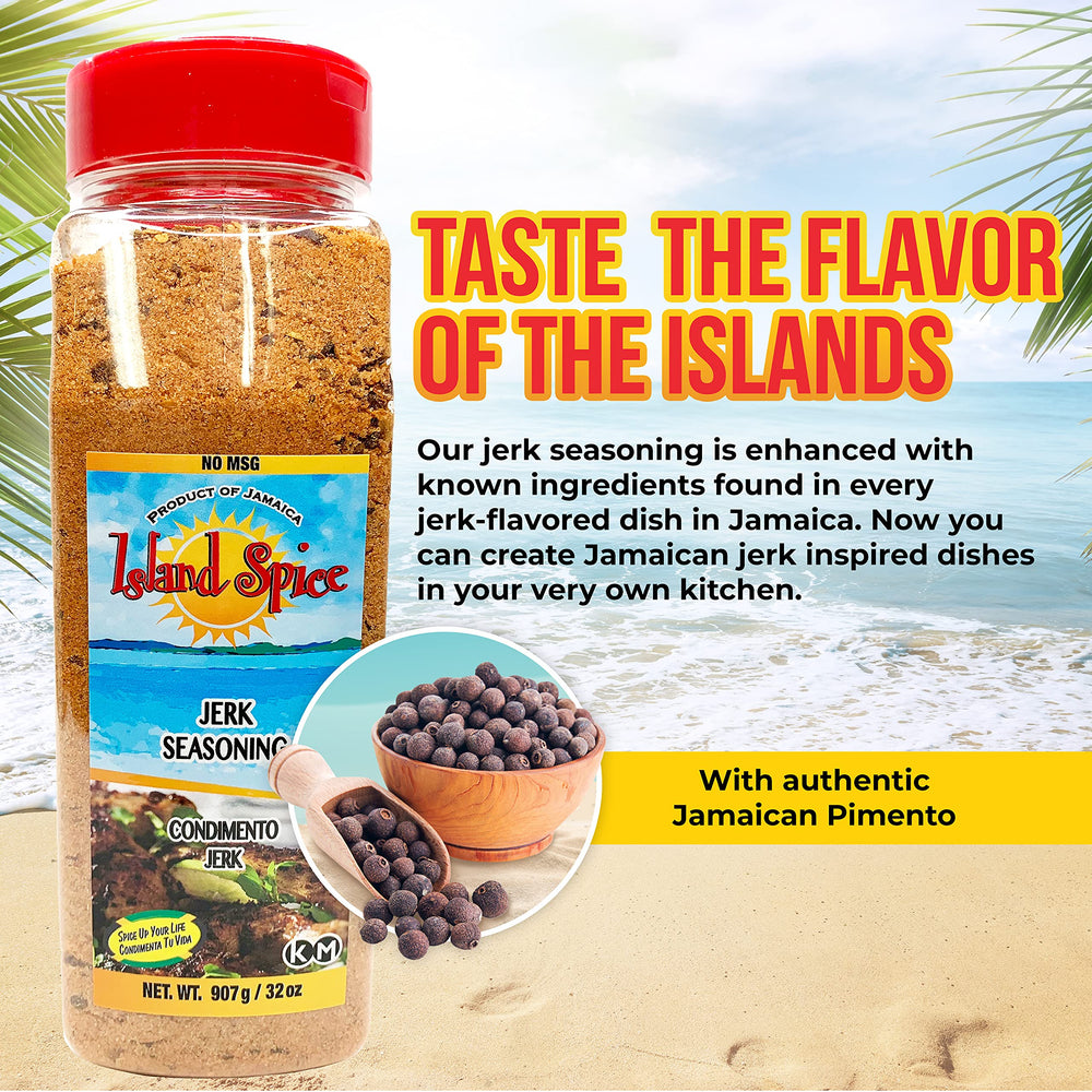 Island Spice Jerk Seasoning bottle pouring over chicken for marinating
