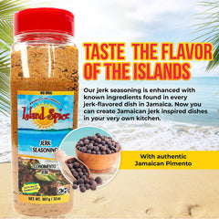 Island Spice Jerk Seasoning bottle pouring over chicken for marinating