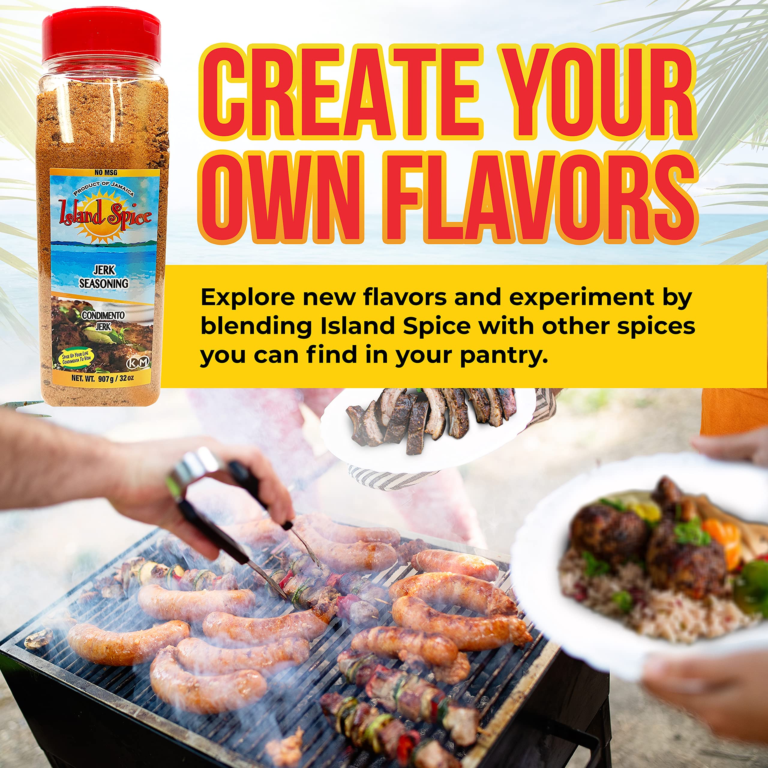 Grilled pork skewers seasoned with Island Spice Jerk Seasoning