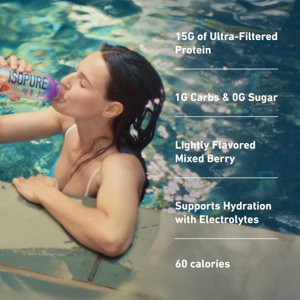 Isopure Clear Protein Water bottle chilled, ready to refresh during workouts.