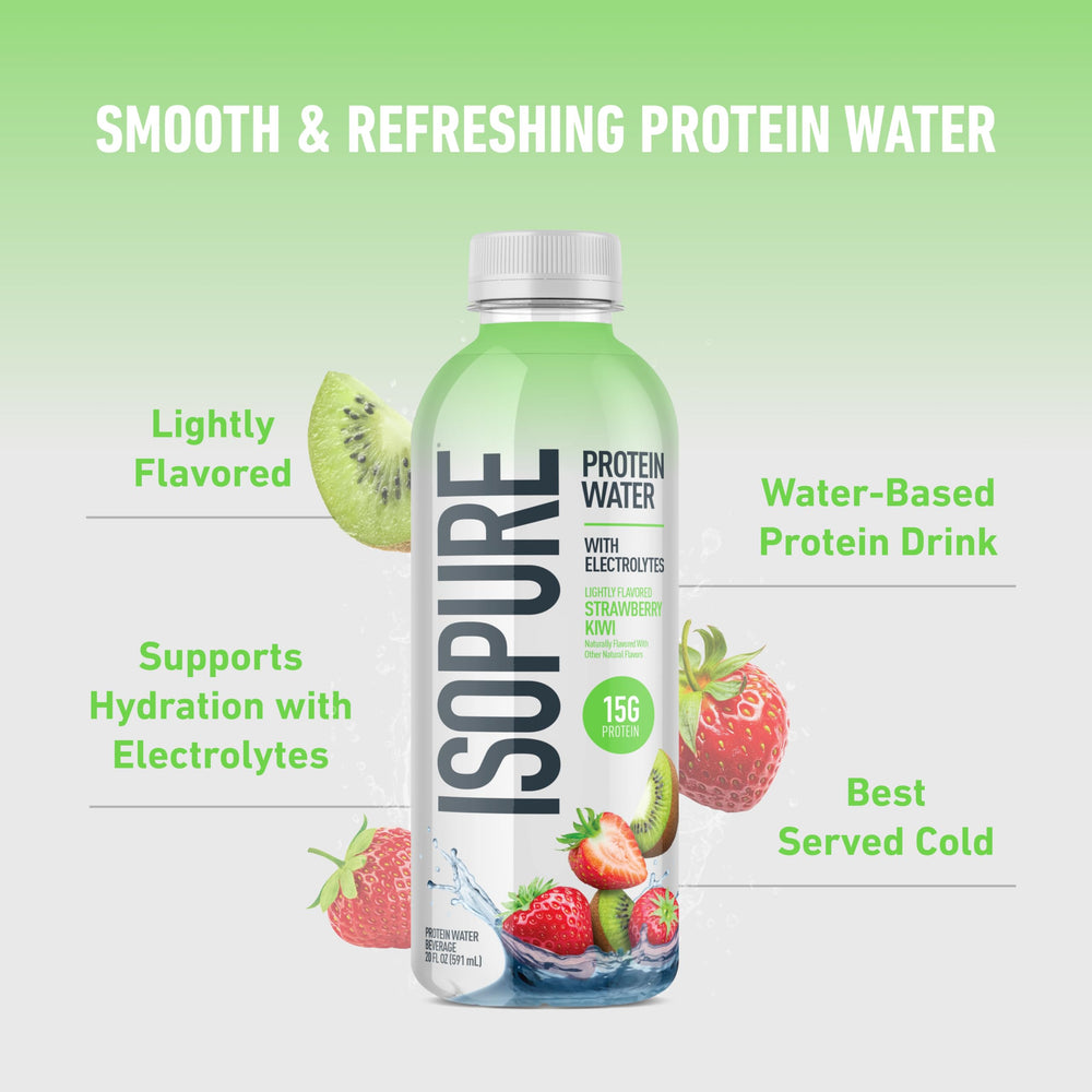 Isopure Clear Protein Water bottle open pour, refreshing hydration with electrolytes.