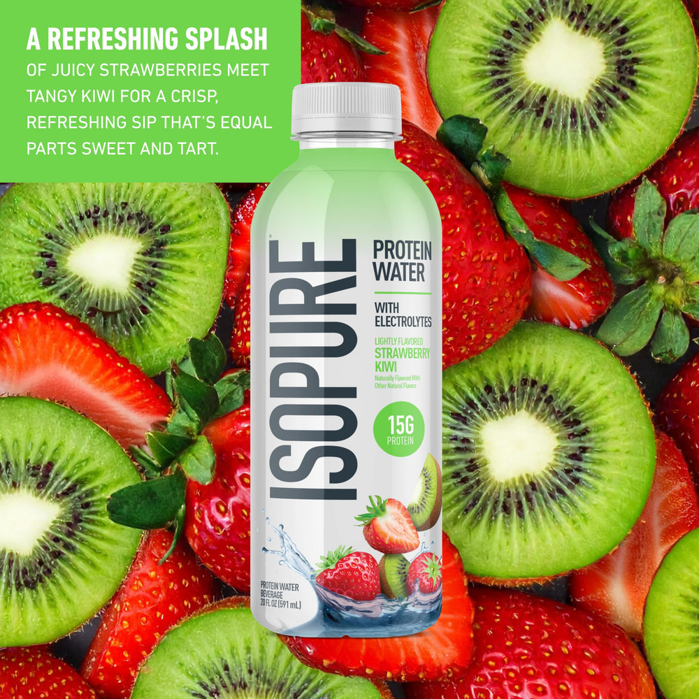 Isopure Clear Protein Water bottle side view, convenient protein boost during workouts.