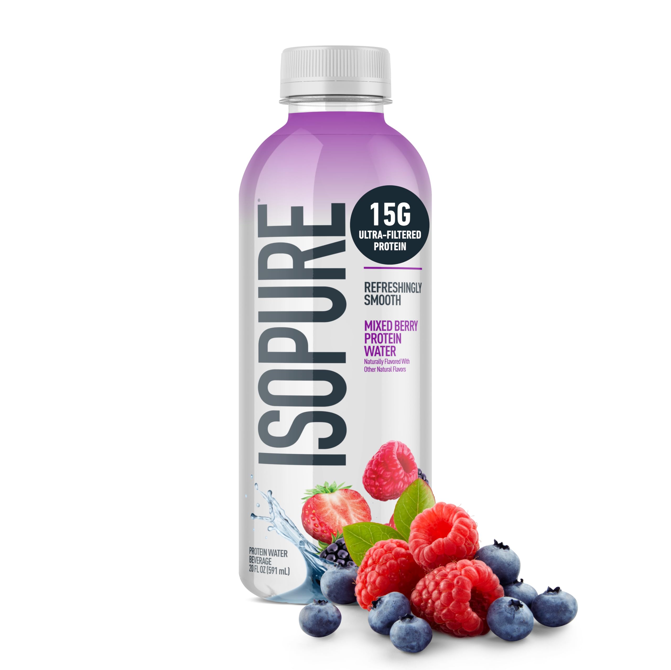 Isopure Clear Protein Water with electrolytes, hydration-focused illustration.