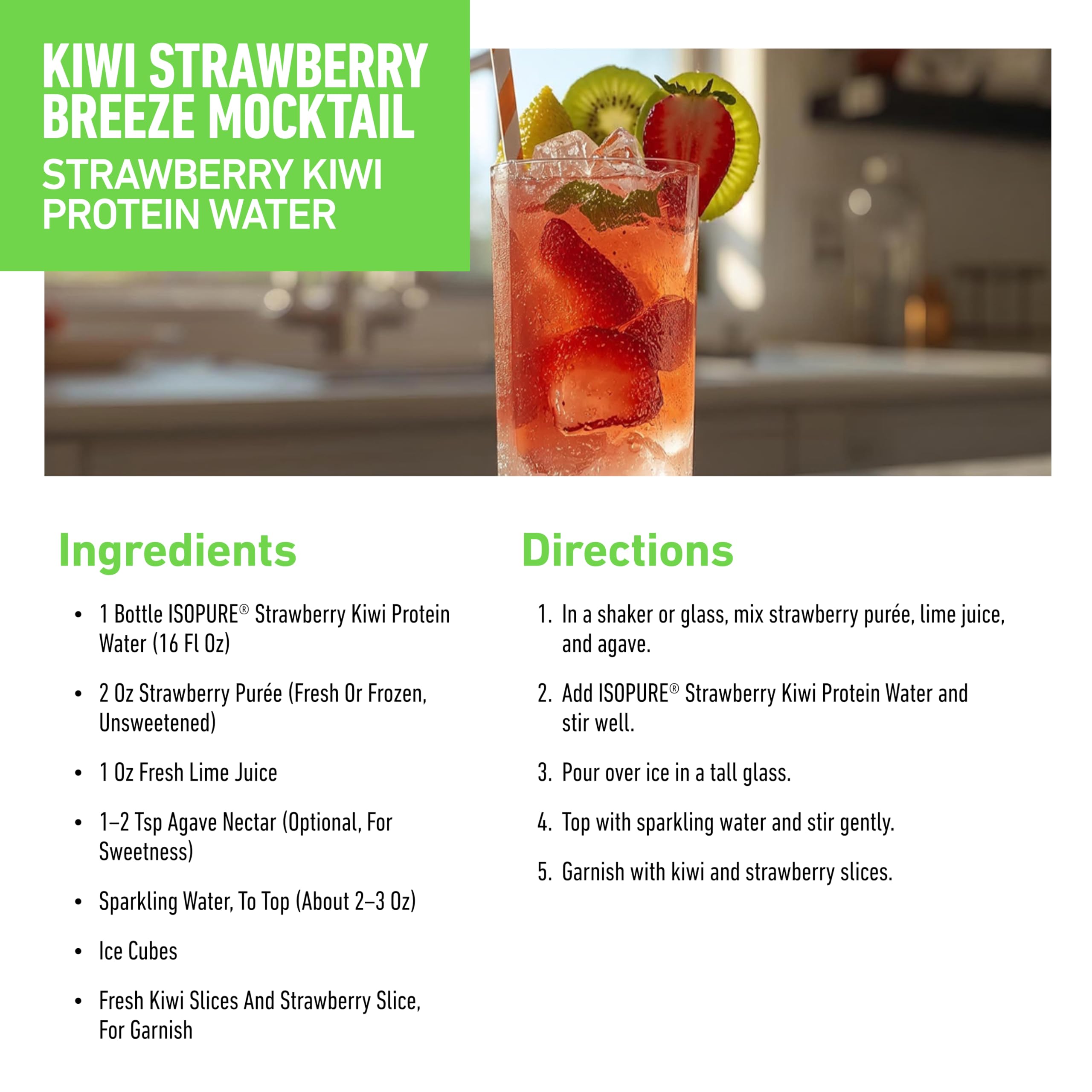 Isopure Clear Protein Water glass with kiwi strawberry, tasty hydration option.