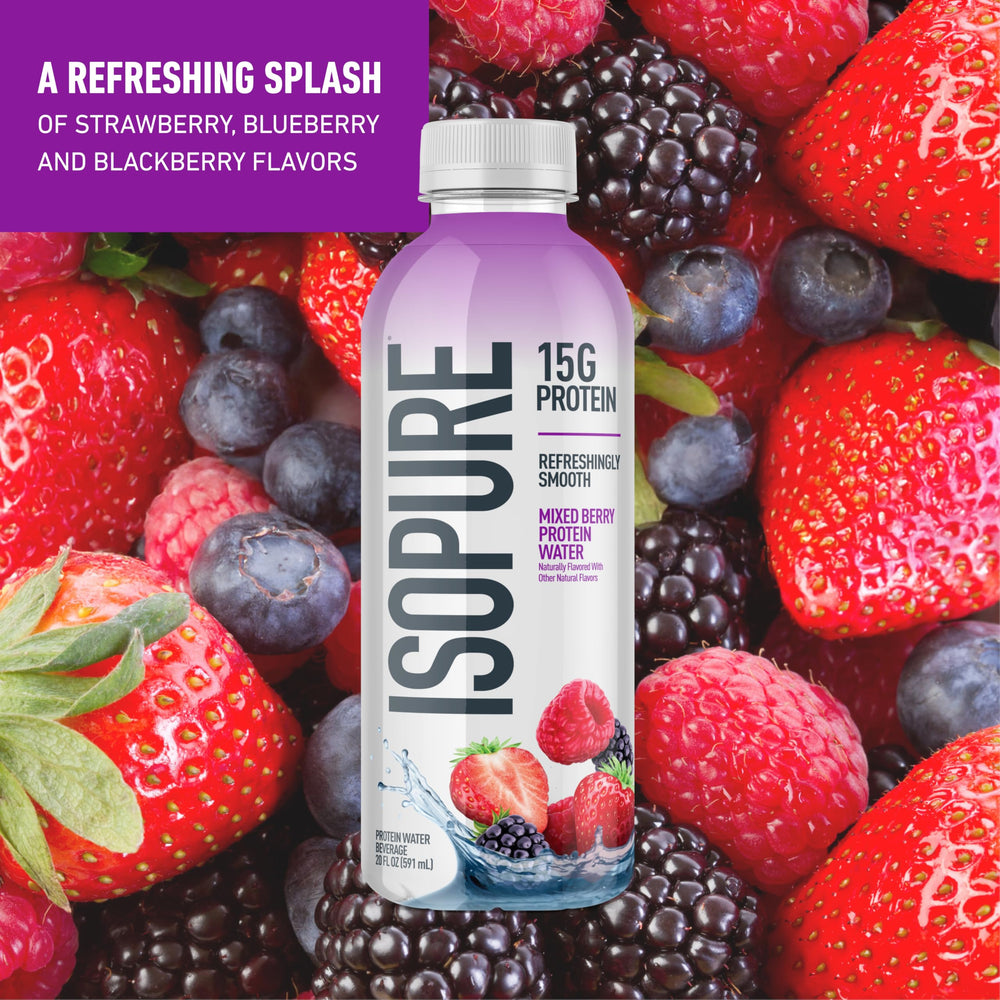 Isopure Clear Protein Water pour showing the clear, smooth texture for quick protein on the go.