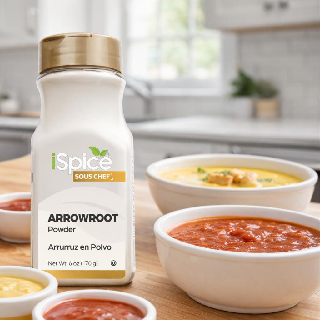 Pantry shelf displaying iSpice Arrowroot Powder jar