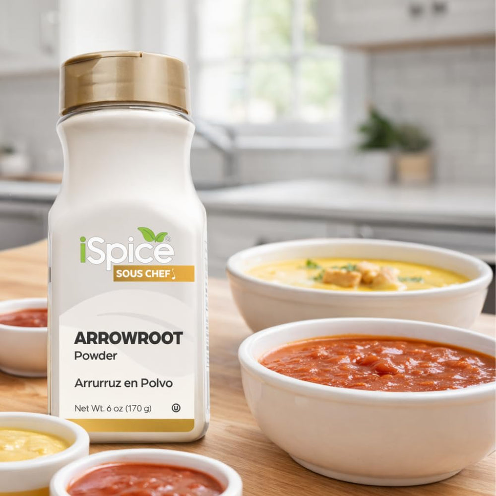 Pantry shelf displaying iSpice Arrowroot Powder jar