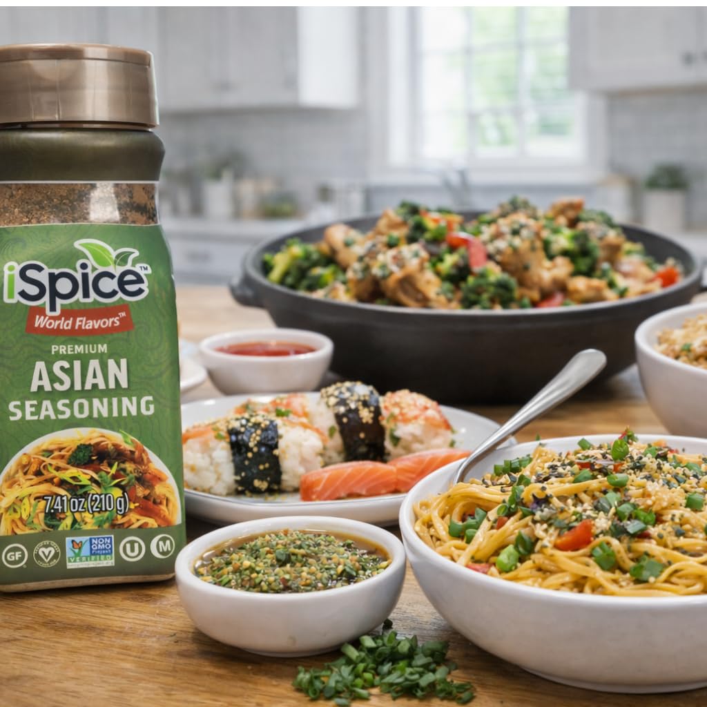 iSpice Asian seasoning jar with label is ready for home cooking.