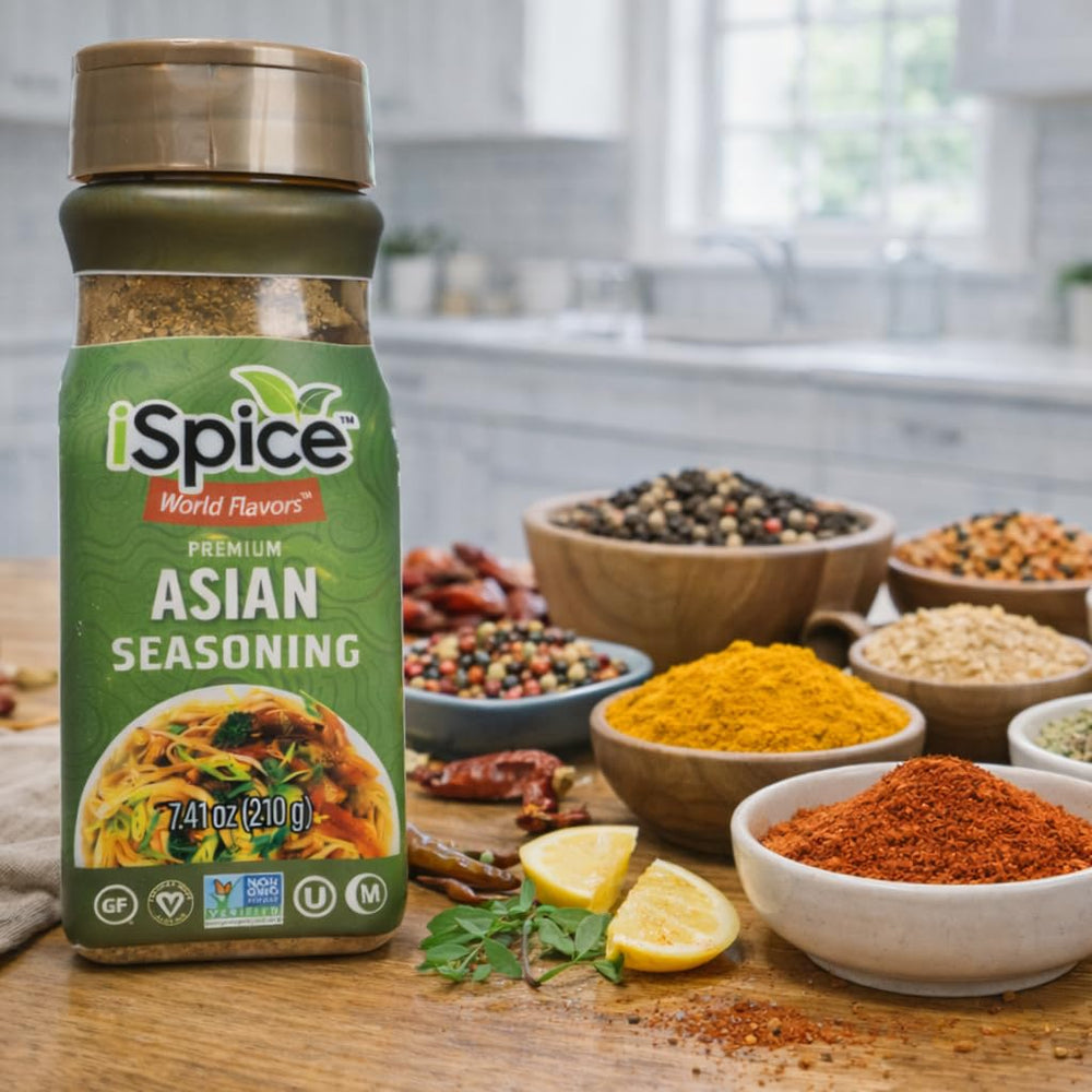 iSpice Asian seasoning sprinkled on vegetables enhances balanced flavors.