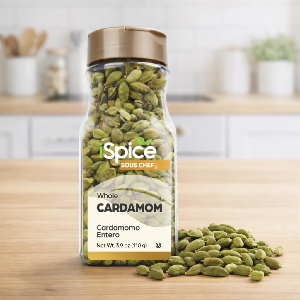 iSpice Cardamom seeds on kitchen counter with spices and herbs