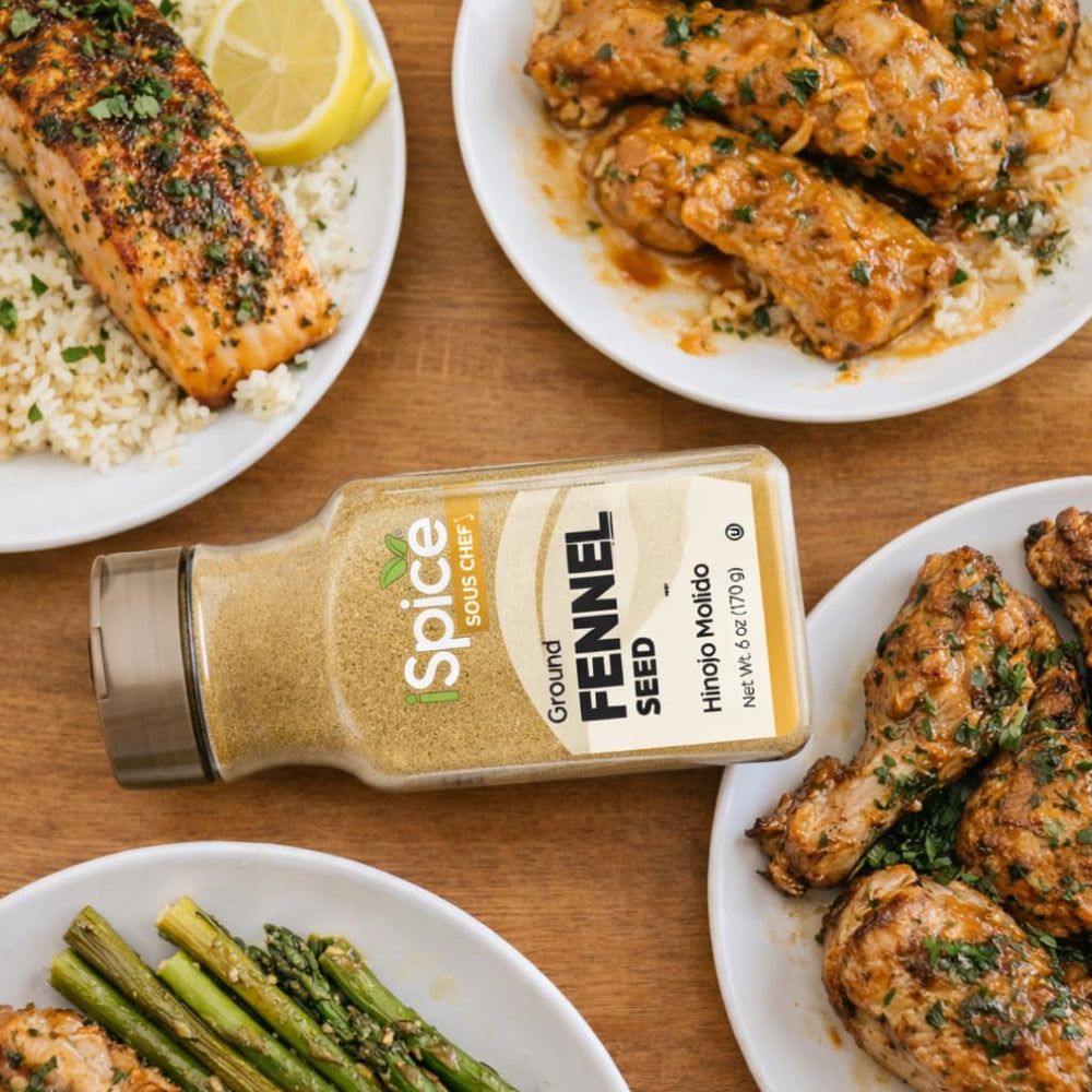 Packaging of iSpice fennel seed powder highlights gluten-free and vegan suitability.