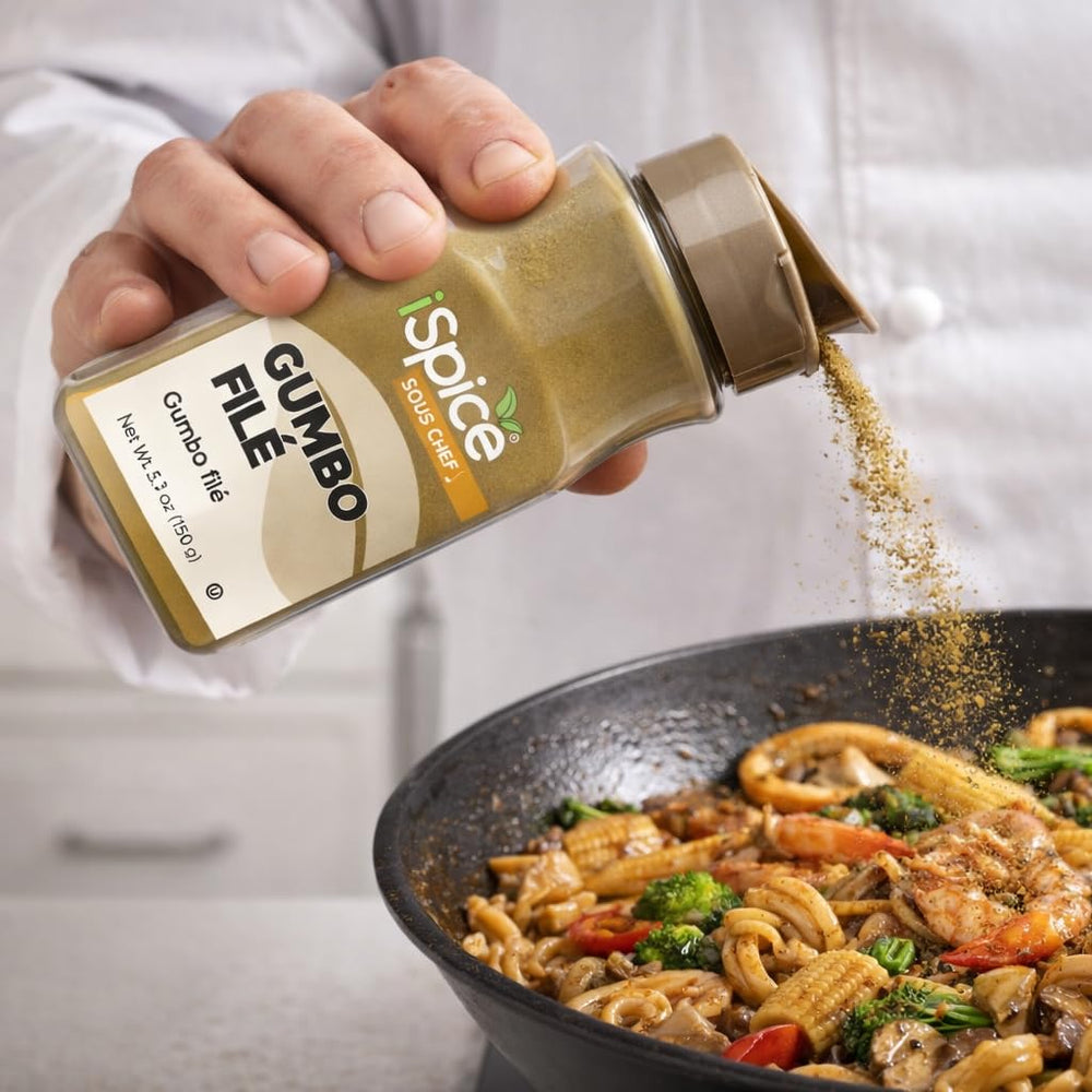 iSpice Gumbo Filé Powder in a bowl ready for serving over rice.