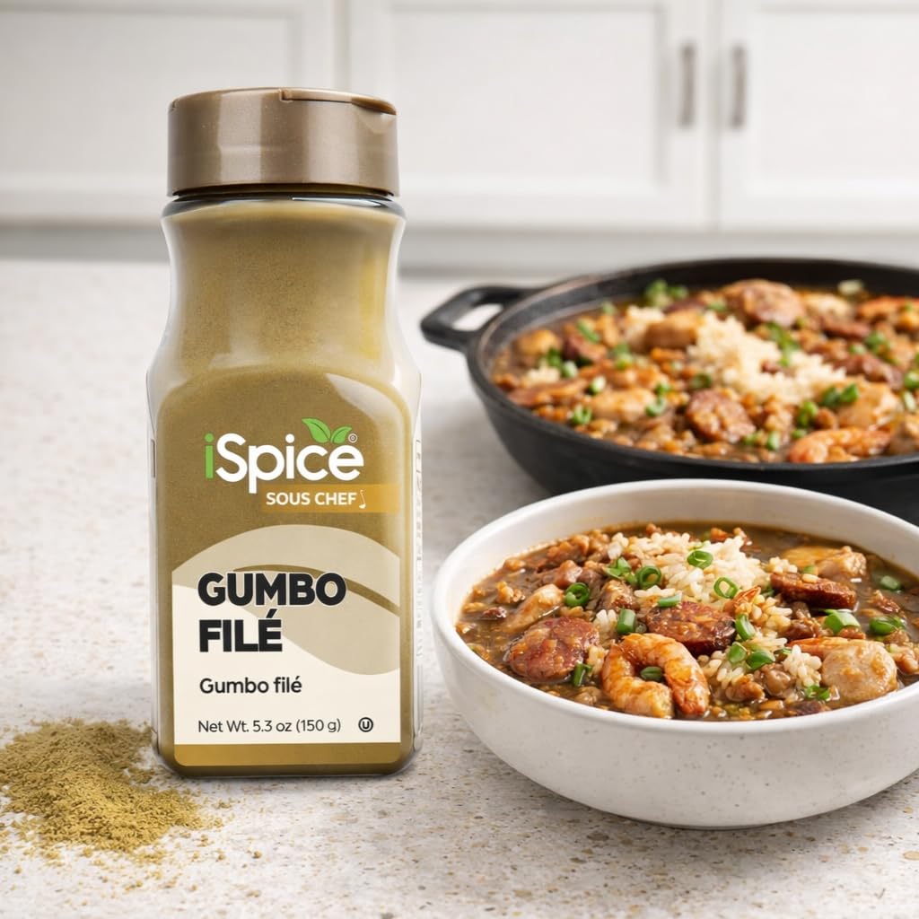 iSpice Gumbo Filé Powder bottle standing for US-made quality seasoning.