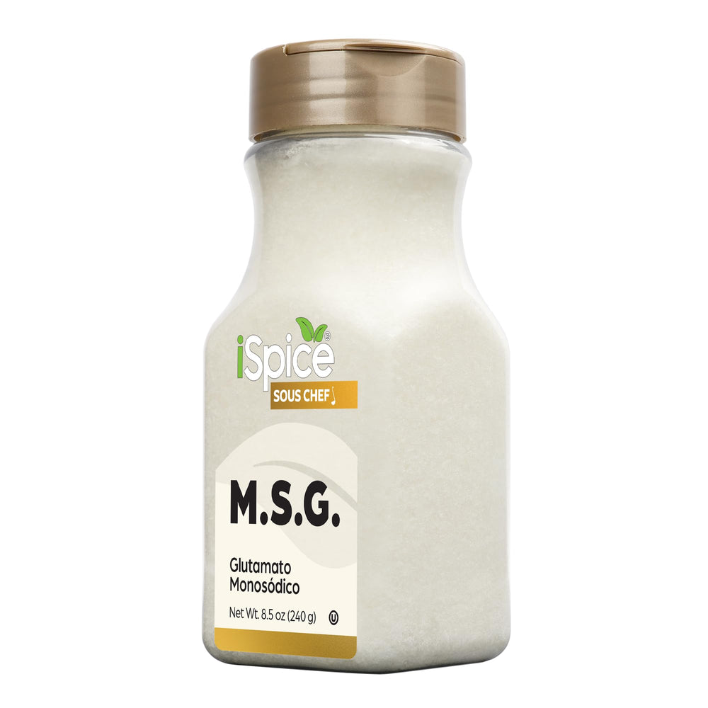 iSpice MSG Seasoning jar front label highlighting flavor enhancer for versatile cooking.