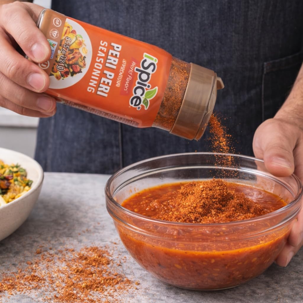 iSpice Peri Peri seasoning close-up reveals exotic spice blend.