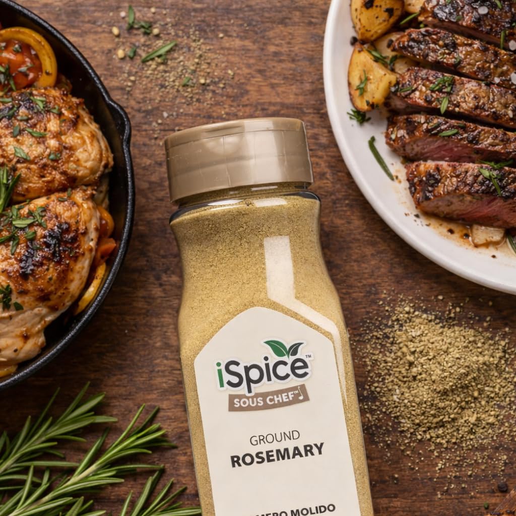 iSpice rosemary ground in a wooden bowl suggests versatile seasoning ideas.