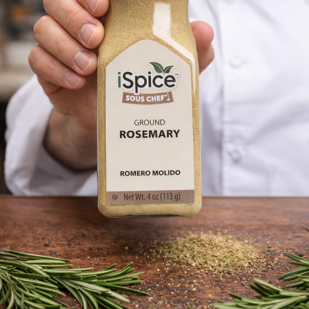 iSpice rosemary ground on modern kitchen shelf, ready for roasted vegetables.