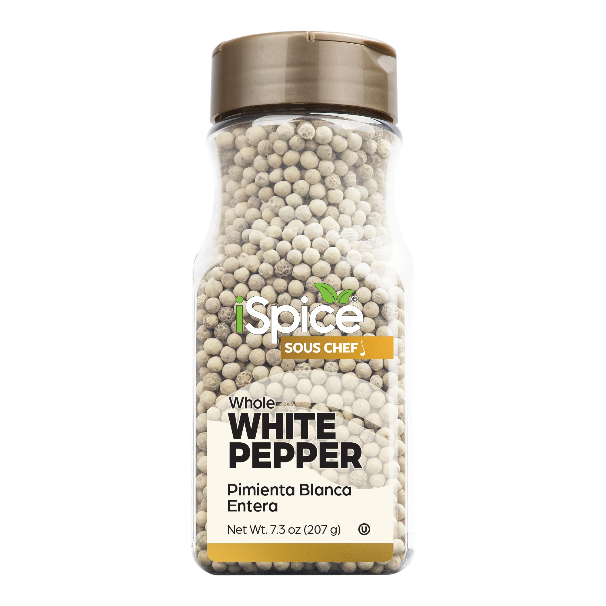iSpice White peppercorns closeup reveals delicate granules ideal for grinding at home.
