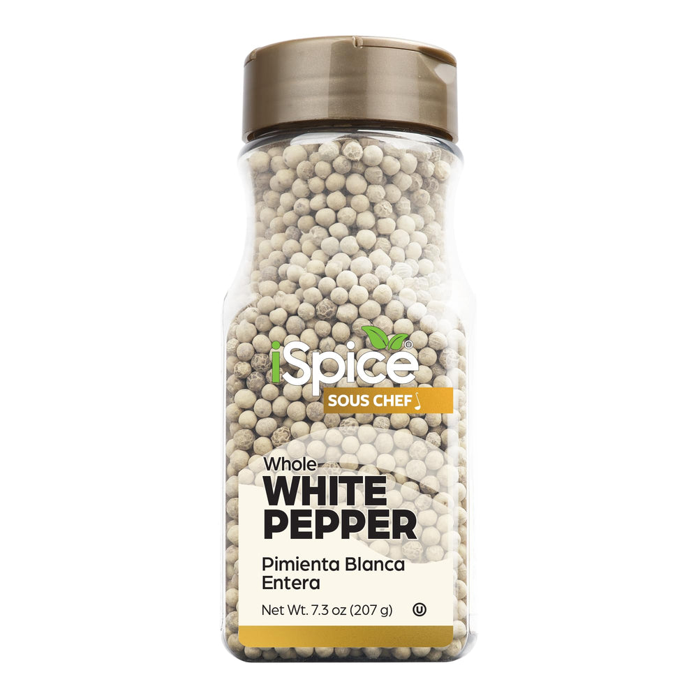 iSpice White peppercorns closeup reveals delicate granules ideal for grinding at home.