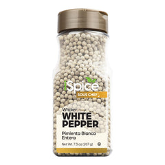 iSpice White peppercorns closeup reveals delicate granules ideal for grinding at home.