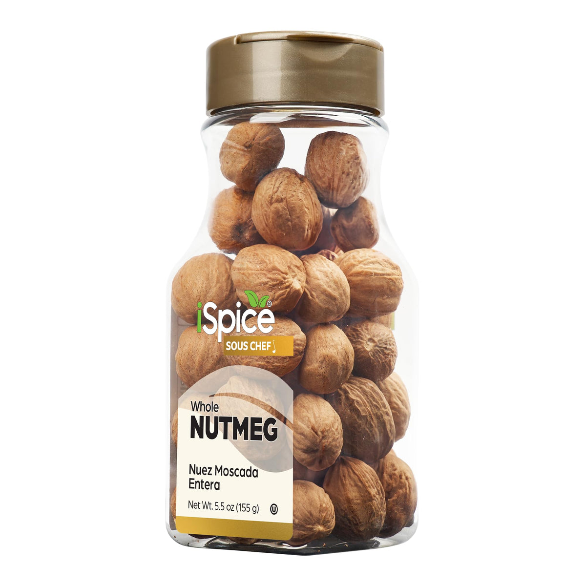 iSpice Whole Nutmeg jar front view with resealable lid for freshness