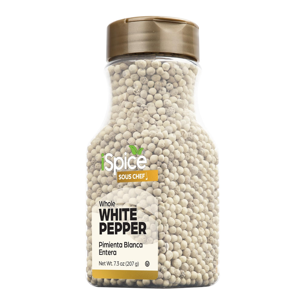 iSpice Whole White Peppers bottle front highlights premium packaging for fresh aroma in cooking.