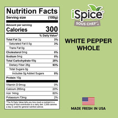 iSpice Whole White Peppers bottle side shows airtight seal preserving flavor and aroma.