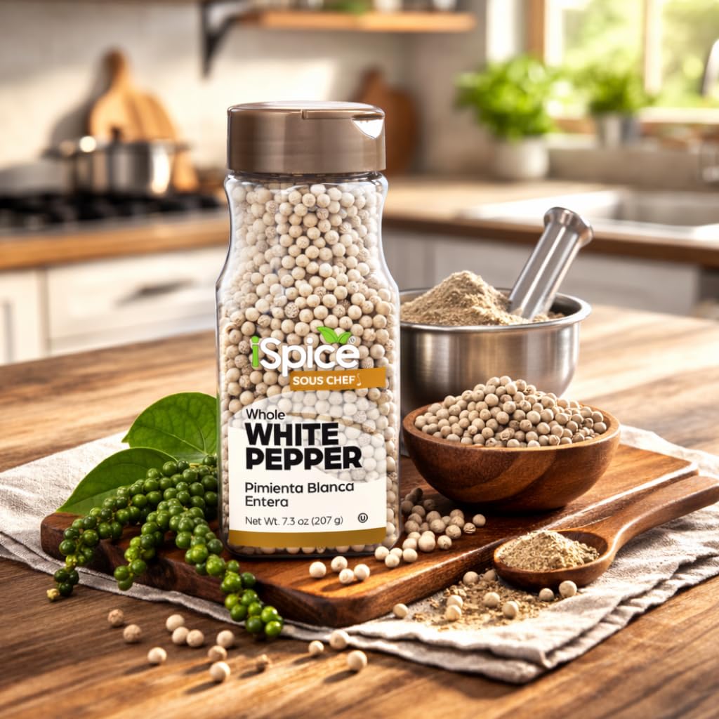 iSpice White peppercorns in sauce dish enhances elegance and balance.