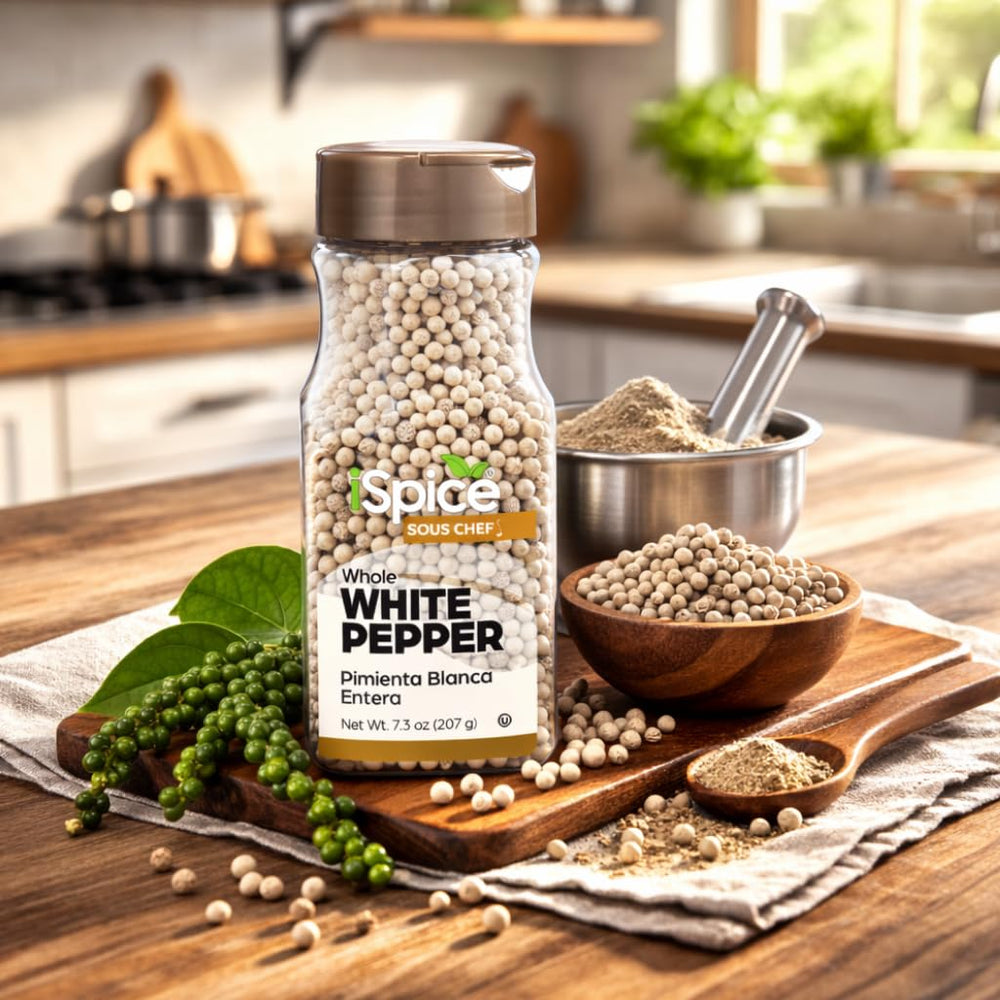 iSpice White peppercorns in sauce dish enhances elegance and balance.