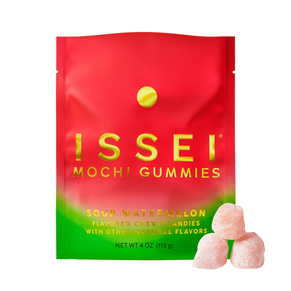 ISSEI Mochi Gummies sour watermelon pack; dye-free, natural colors for health-conscious snacking.