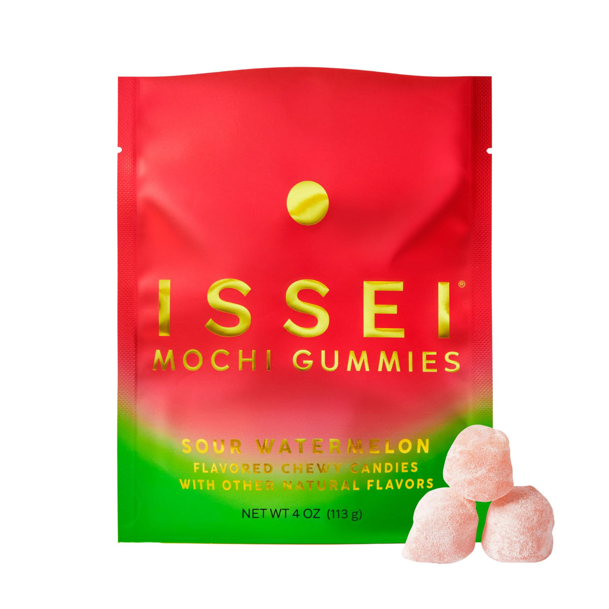 ISSEI Mochi Gummies sour watermelon pack; dye-free, natural colors for health-conscious snacking.