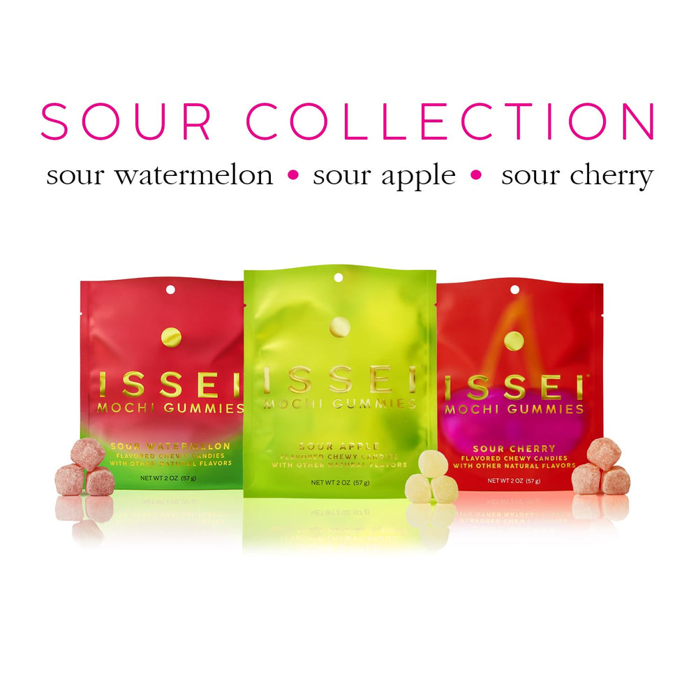 ISSEI Mochi Gummies sour watermelon flavor close-up; vibrant color from natural sources.