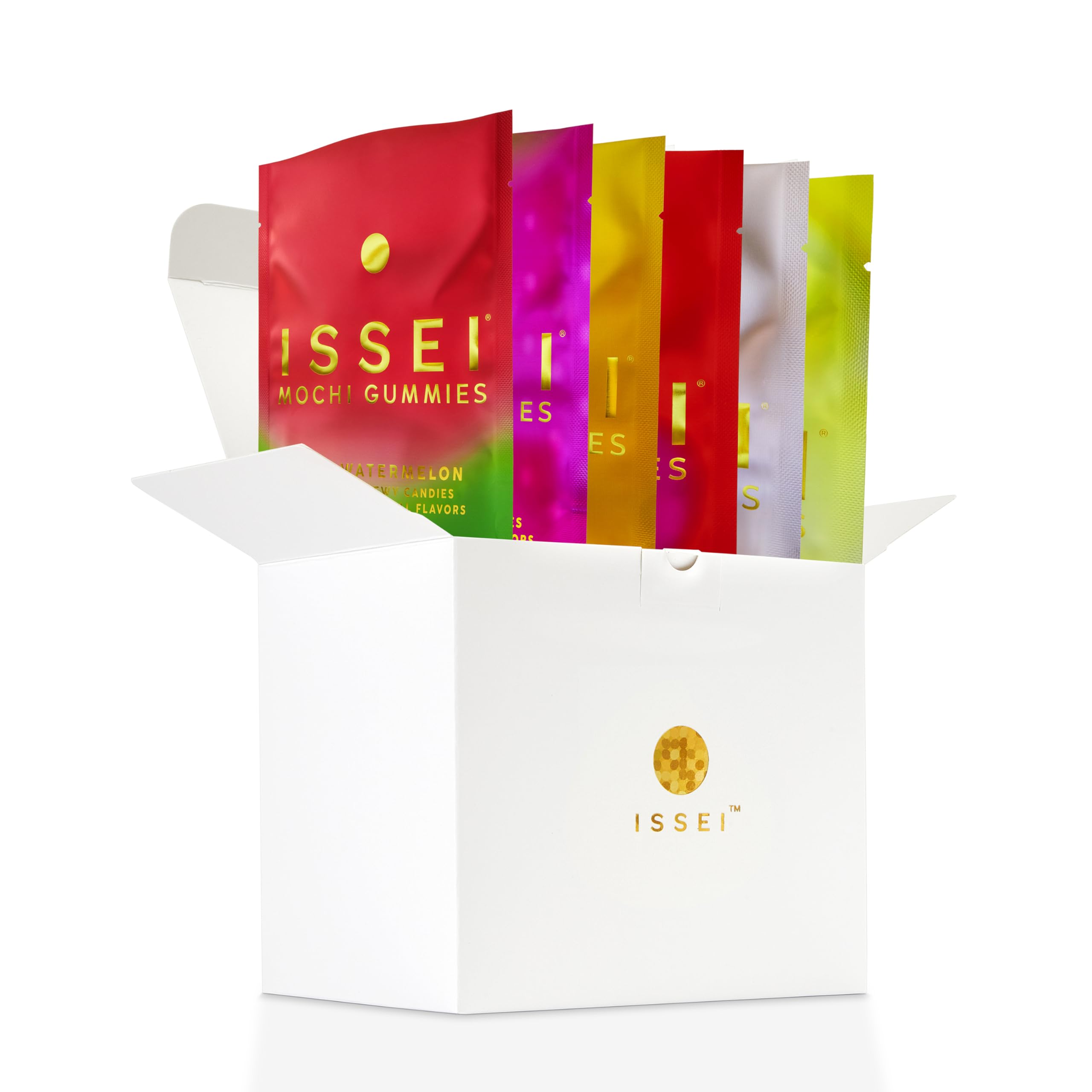 ISSEI Mochi Gummies variety pack on plate, ideal for sharing.