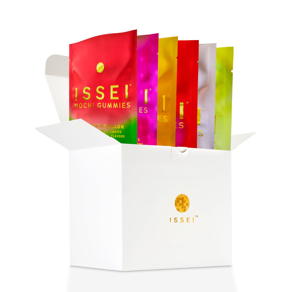 ISSEI Mochi Gummies variety pack on plate, ideal for sharing.